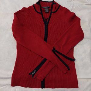 Fashion Essentials Women' Size M Red and Black 100% Cotton Knit Zip Sweater